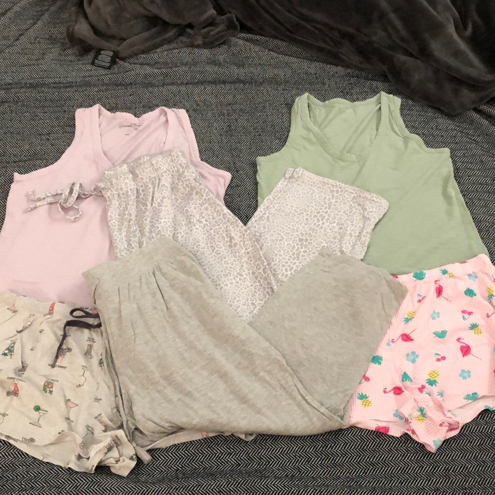 Pajama Set Bundle - Two Sets with Shorts, Leopard Pants & Grey Capris - MEDIUM